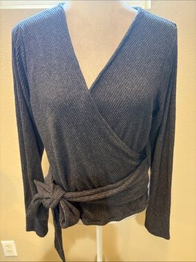 Express Charcoal Ribbed Wrap Tie Front Top